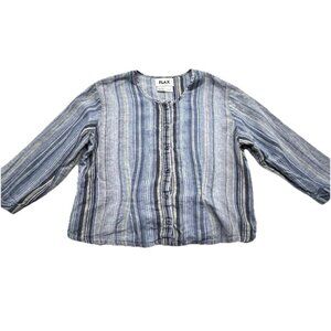 Flax Crop Linen Button Up Striped‎ Shirt Size M Blue Yellow Lagenlook Beach Boho